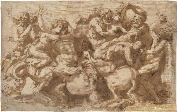 The Battle Of The Lapiths And Centaurs Oil Painting by Prospero Fontana