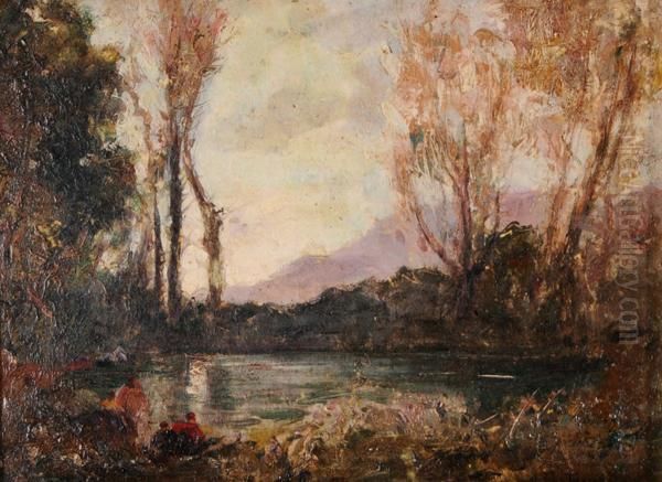 Paesaggio Lacustre Con Figure Oil Painting by Antonio Fontanesi