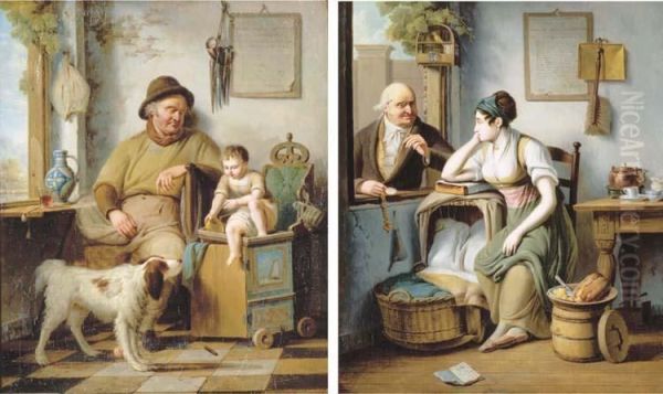 A Small Child, A Man And A Dog In An Interior; And A Young Motherseated Next To A Cradle In An Interior Listening To An Old Man Atan Open Window Nearby Oil Painting by Pieter Fontijn