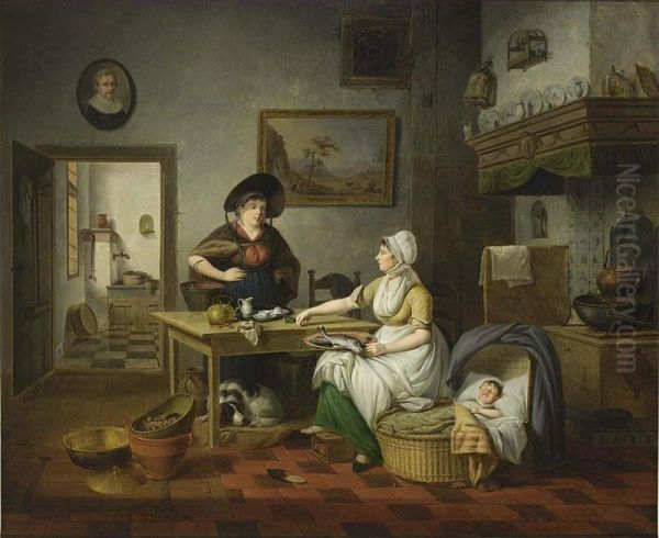 A Kitchen Interior With A Mother Holding A Plate Of Fish, A Baby Sleeping In A Cradle, And A Woman Holding A Bucket Of Fish Standing Next To A Table, A View Of The Pantry Beyond Oil Painting by Pieter Fontijn