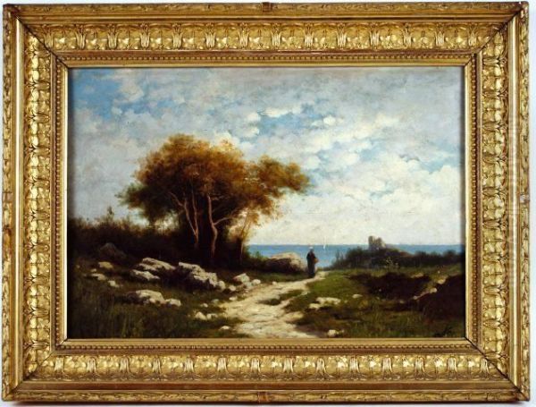 Paysage Anime Ou Chateau Enbord De Mer Oil Painting by Horace Antoine Fonville