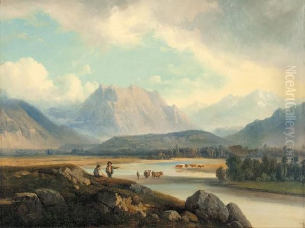 Troupeau Dans Un Gue Au Pied Des Montagnes Oil Painting by Nicolas Victor Fonville