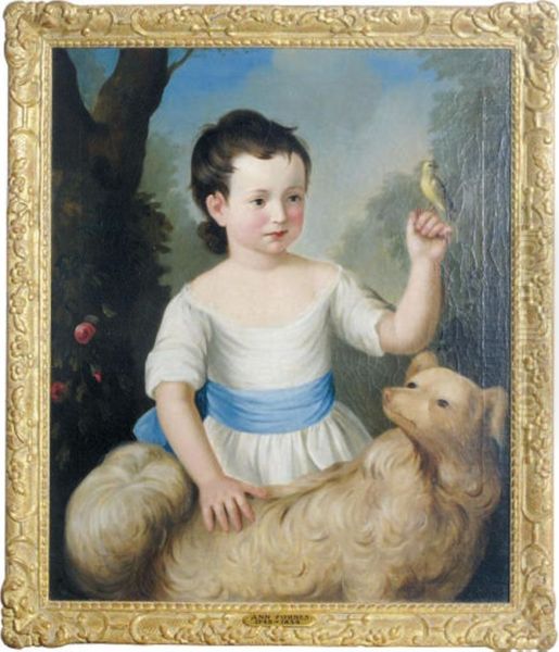 A Young Girl In A Garden With Her Dog And Her Pet Canary On Astring Oil Painting by Anne Forbes