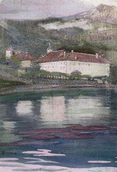 Chateau At Lac D'annecy Oil Painting by Elizabeth A.Stanhope Forbes