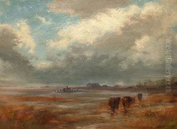 Cattle Watering In A Coastal Marsh; Oil On Board Oil Painting by John Colin Forbes