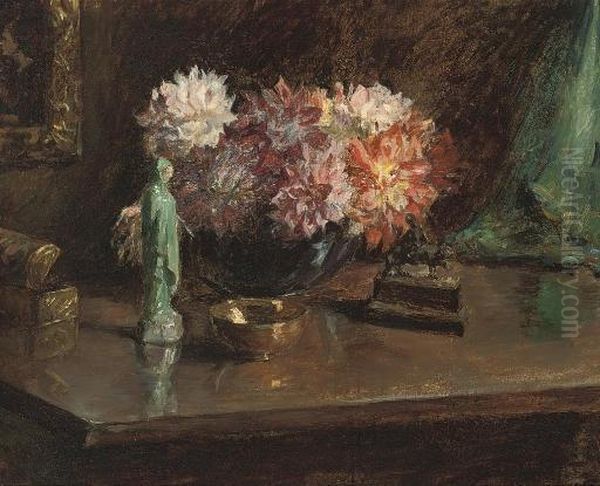 Chrysanthemums And Figurines, On A Table Oil Painting by Maud Stanhope Forbes