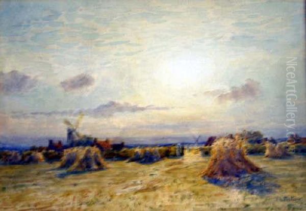 Cornfield With Windmills Beyond Signed 7 X 1in Oil Painting by Patrick Lewis Forbes