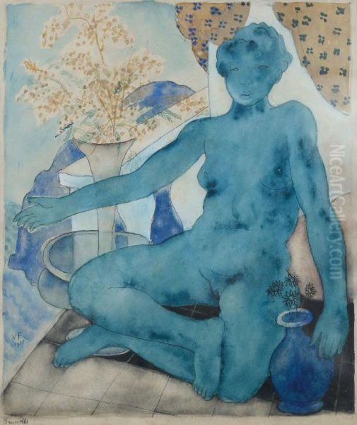 Blue Nude With Mimosa Oil Painting by Vivian Forbes