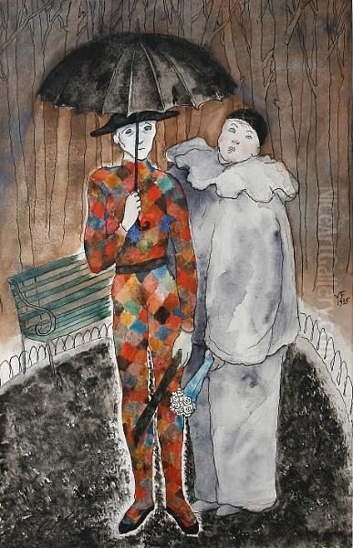 Two Clowns Oil Painting by Vivian Forbes