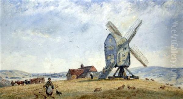 Mill On The Downs Near Lewes Oil Painting by F. Ford