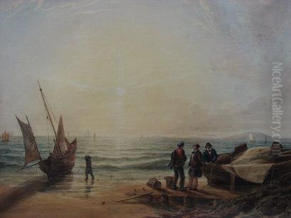 Fishermen With Boats And Nets On Coastline Beach Oil Painting by William Ford