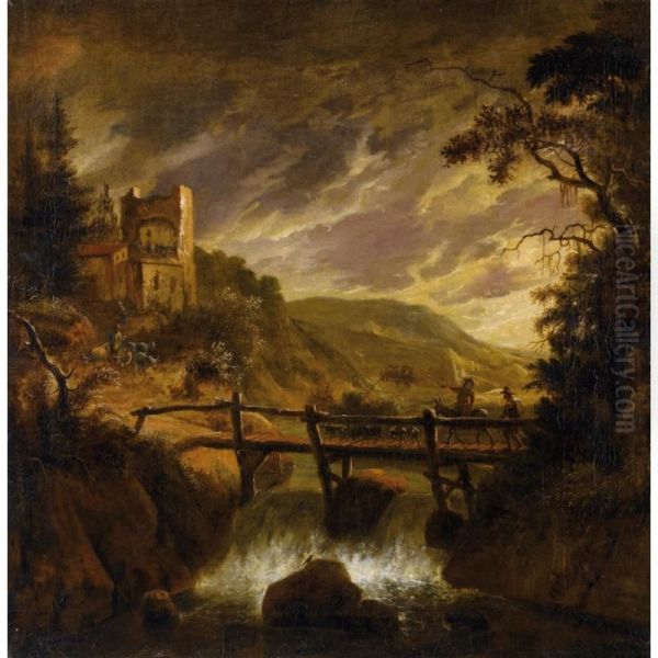 Paysage De Riviere Avec Des Personnages Sur Un Pont Oil Painting by Jean Baptiste Forest