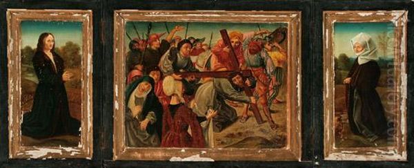 Christ Carrying The Cross With Donor Portraits Oil Painting by Spanish Forger