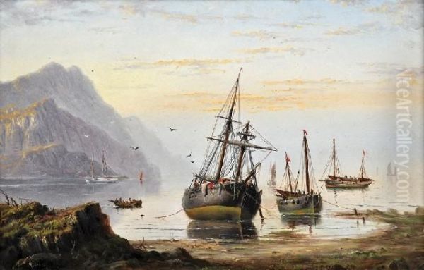 Vessels At Low Tide Oil Painting by H. Forrest