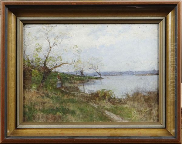 Landskap Medkvinna Vid Vattendrag Oil Painting by Victor Forssell