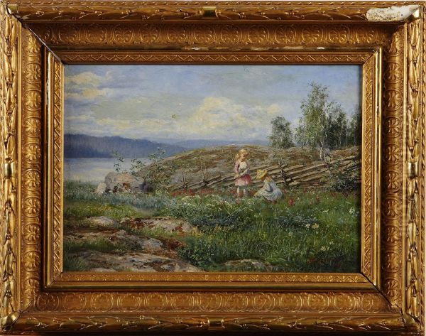 Blomsterplockande Flickor Vid Gardsgard Oil Painting by Edvard Forsstrom