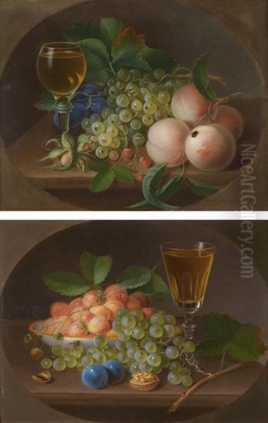 Natures Mortes De Fruits Avec Un Verre De Vin Sur Un Entablement, Dans Un Ovale Peint Oil Painting by George Forster