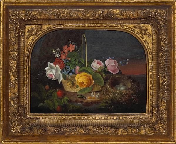 A Still Life With Flowers, Beetle And Bird'snest Oil Painting by George Forster