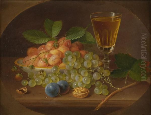 Fruchtestilleben Mit Weinglas Und Insekten. Oil Painting by George Forster