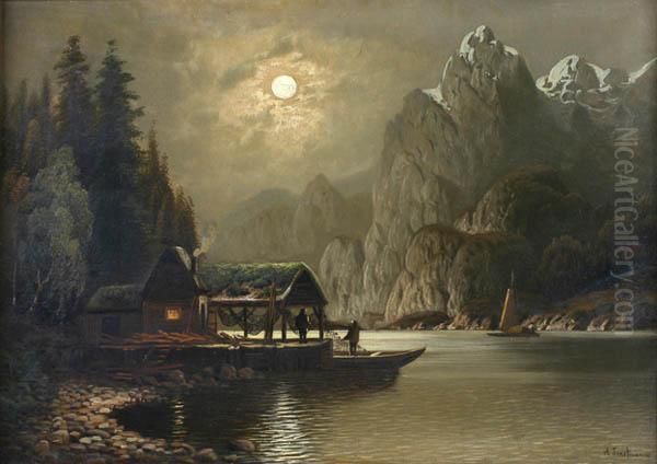 Full Moon Over A Lake Oil Painting by A. Forstmann