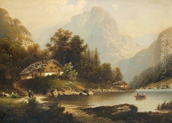 Gebirgssee Mit Gehoften. Oil Painting by A. Forstmann