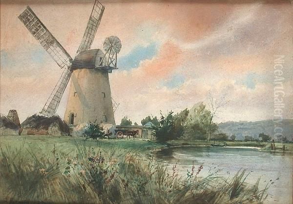 Windmill In A Rural Landscape Oil Painting by Arthur W. Forsyth