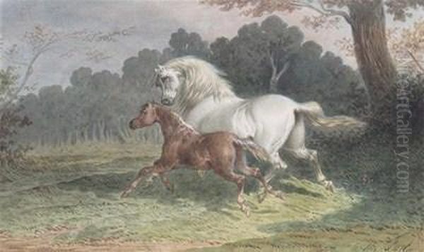 White Mare And Foal At Dusk Oil Painting by Theodore Fort