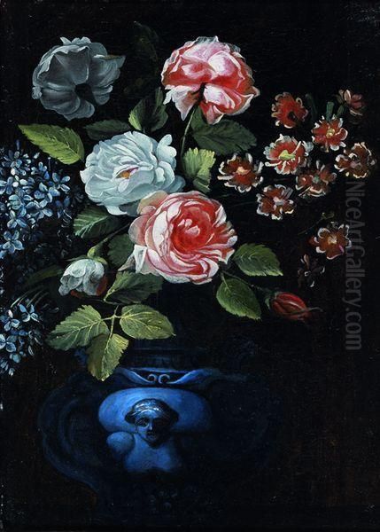 Bouquet De Roses Dans Un Vase Bleu Oil Painting by Luca Forte