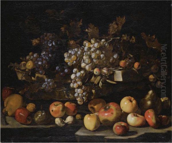 A Still Life With Red And Green Grapes, Apples, Pears, Hazelnuts, Figs, Walnuts And Plums Over A Stone Ledge Oil Painting by Luca Forte