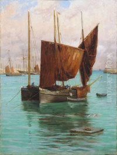 Fishing Boats In St Ives Harbour Oil Painting by William Banks Fortescue