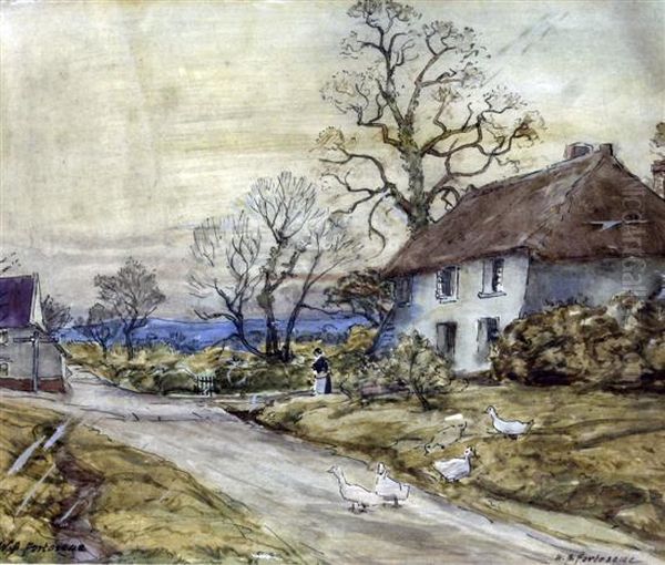 Ducks On A Village Street Oil Painting by William Banks Fortescue