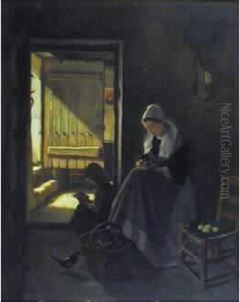 Interieur Normand, Femme A La Cuisine Oil Painting by Charles Fortin