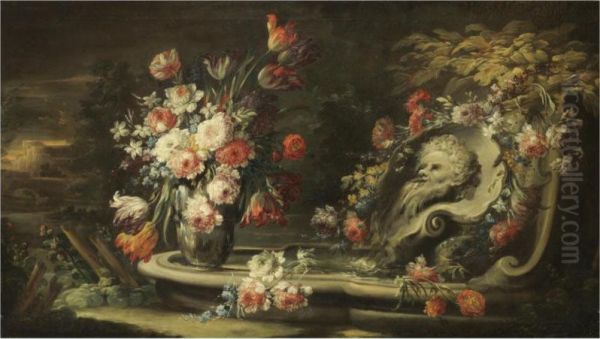 Still Life Of Roses, Tulips, Peonies And Other Flowers In A Vase Beside An Ornamental Fountain Oil Painting by Felice Fortunato