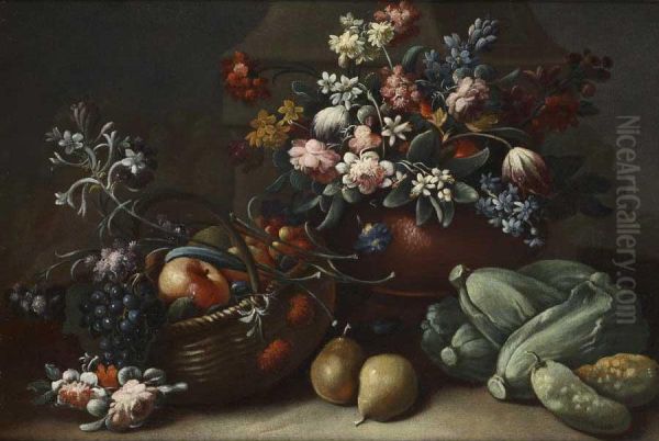 Nature Morte Con Fiori, Ortaggi E Frutta Oil Painting by Felice Fortunato