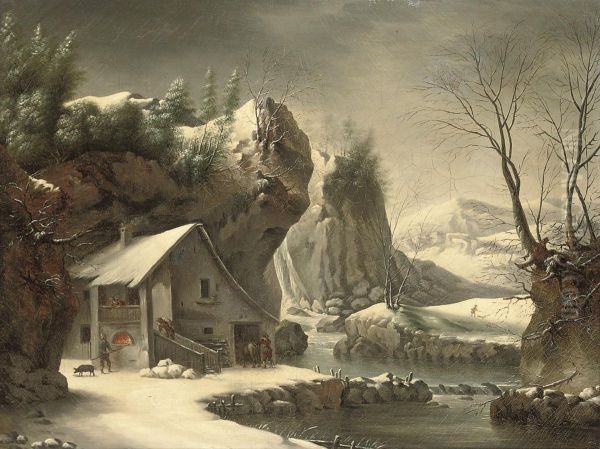 An Extensive Winter Landscape With A Peasant By A Cottage, Mountains Beyond Oil Painting by Francesco Foschi