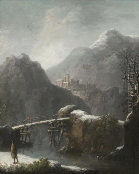 A Winter Landscape With Travellers Before A Bridge, A Hilltop Town Beyond Oil Painting by Francesco Foschi