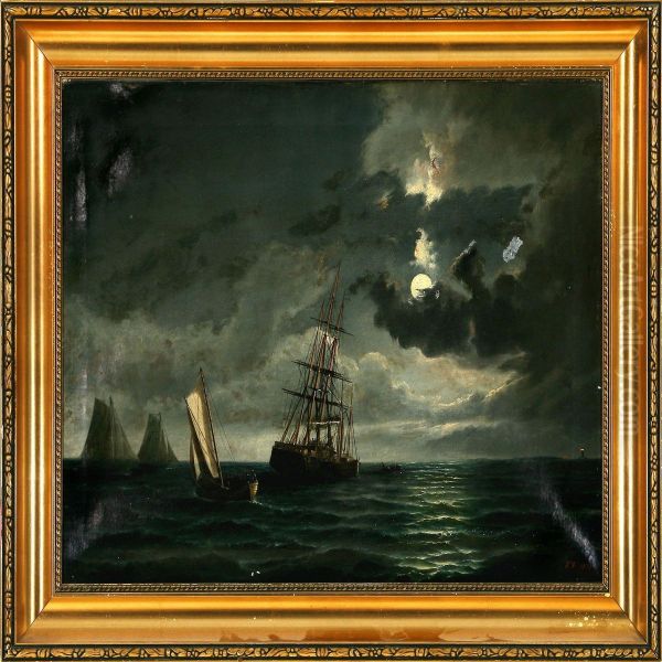 Marine With Salvage Operation In Moonlight Oil Painting by Peder Nielsen Foss