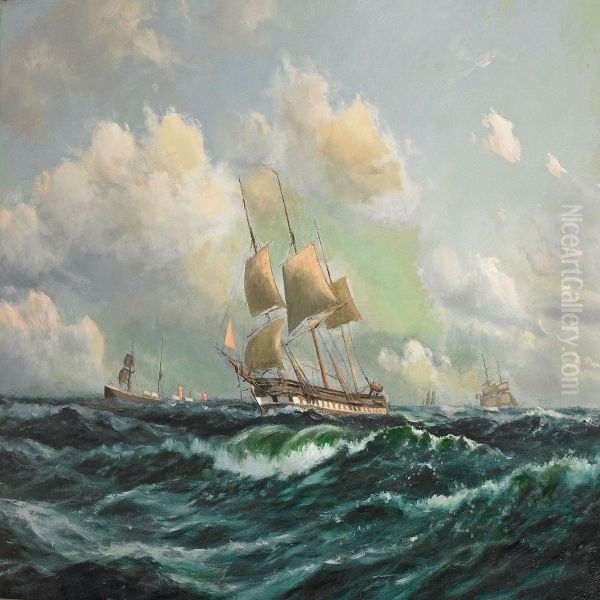 Frigate And Other Sailing Ships In High Sea Oil Painting by Peder Nielsen Foss