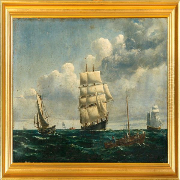 Marine With Severalsailing Ships On The Great Sound Oil Painting by Peder Nielsen Foss