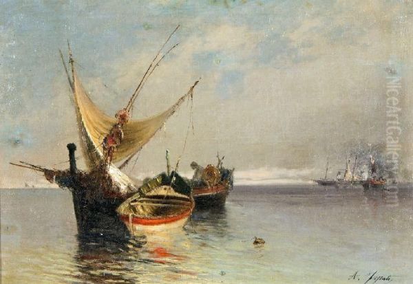 Barca Con Pescatore E Navi Nel Golfo Oil Painting by Agostino Fossati