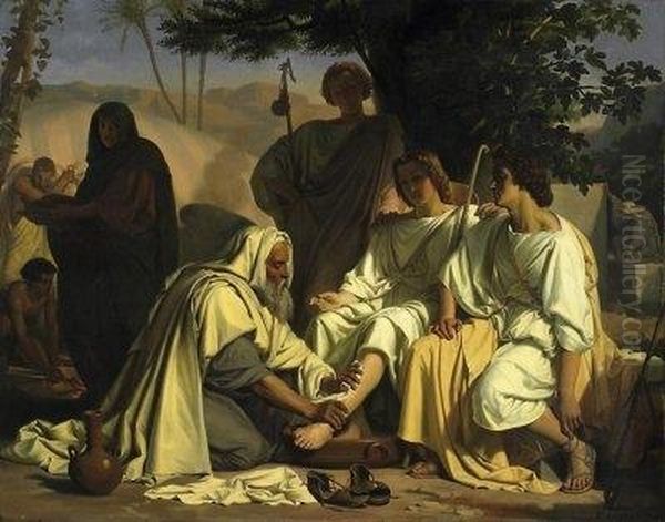 Abraham And The Three Angels. Signed And Dated Bottom Right: F. Fossey 1854 Oil Painting by Felix Fossey