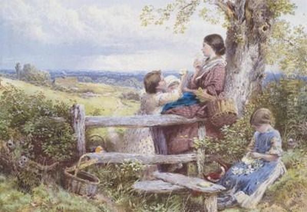 A Mother And Children By A Stile; An Afternoon Rest Oil Painting by Myles Birket Foster