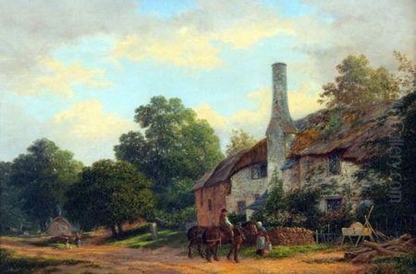 Figures And Horses Before A Country Cottage Oil Painting by Myles Birket Foster