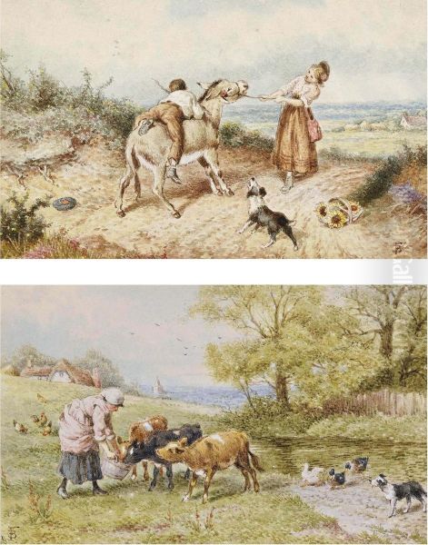 Feeding The Calves; And The Stubborn Mule Oil Painting by Myles Birket Foster