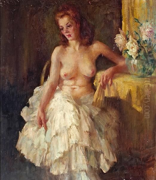 A Seated Female Nude With A Floral Bouquet Oil Painting by William Frederick Foster