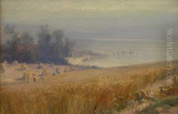 Harvest Fields Above Sandsend Whitby Oil Painting by William Gilbert Foster