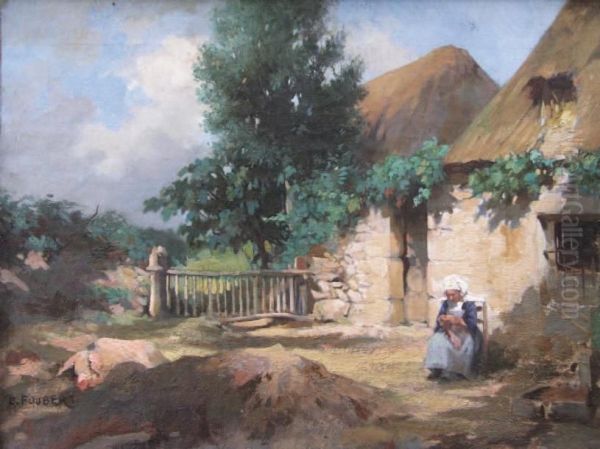 Bretonne Devant La Porte Oil Painting by Emile Louis Foubert