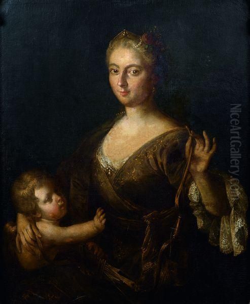 Portrait De Jeune Femme En Venus Avec Cupidon Oil Painting by Nicolas Fouche