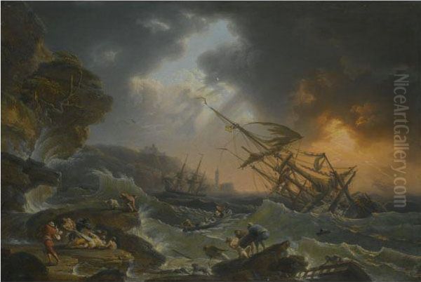 A Storm At Sea With A Shipwreck Off The Coast And Drowning Figures In The Foreground Oil Painting by Jean Francois Foucher