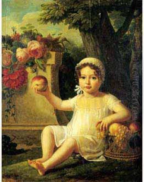 Portrait D'enfant A La Corbeille De Fruits Dans Un Paysage. Oil Painting by Lucille Foullon